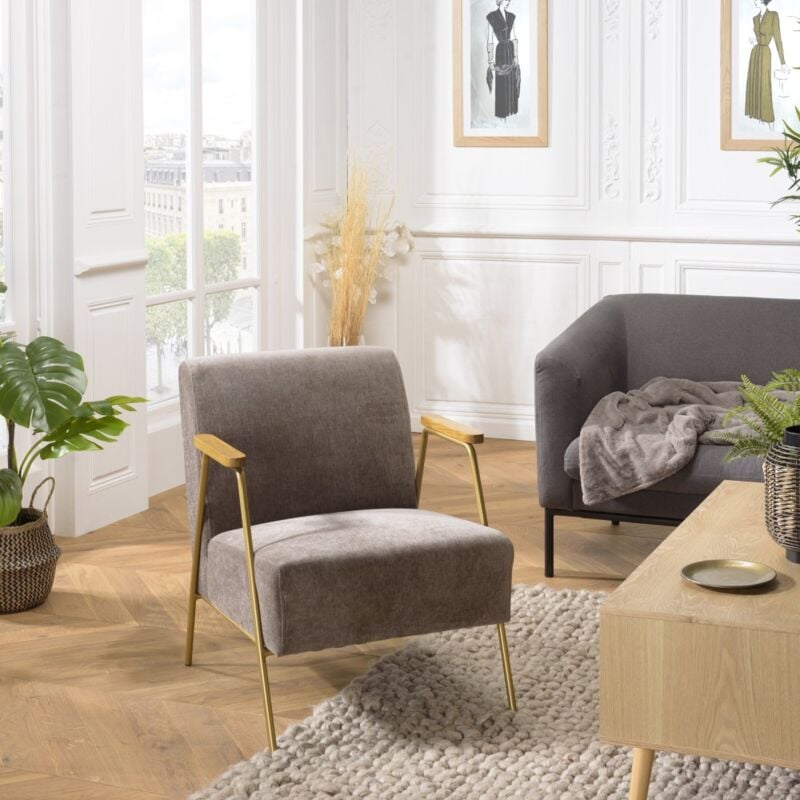 Macabane - albane - Fauteuil lounge tissu taupe métal doré accoudoirs bois