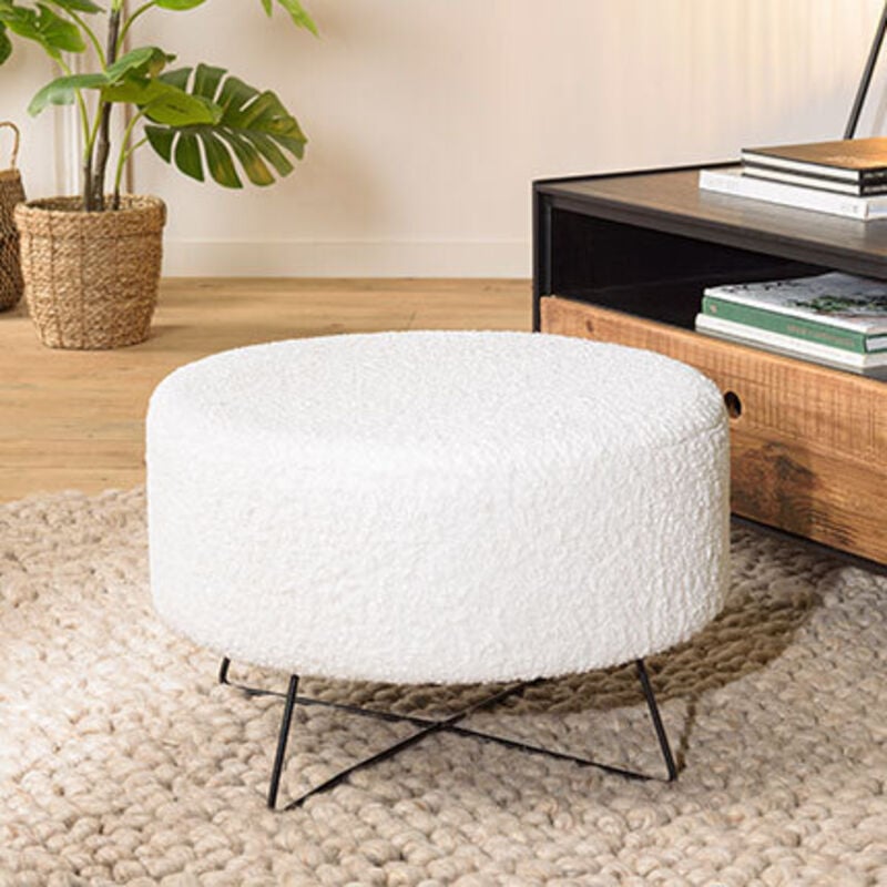 Macabane - albane - Pouf rond tissu bouclette blanc pieds croisés métal noir