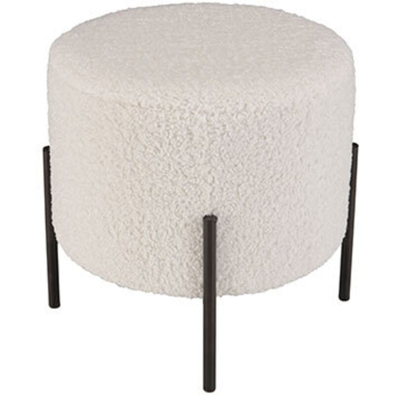 Albane - Tabouret rond 40x40cm tissu bouclette blanc pieds métal noir