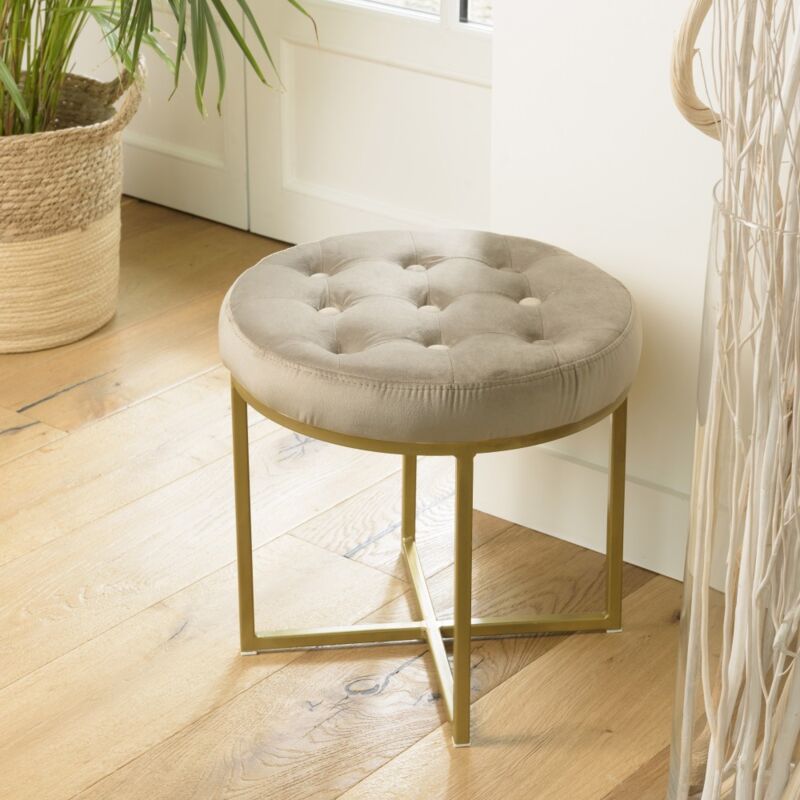 Albane - Tabouret rond 41x41cm velours taupe avec boutons pieds croisés métal doré