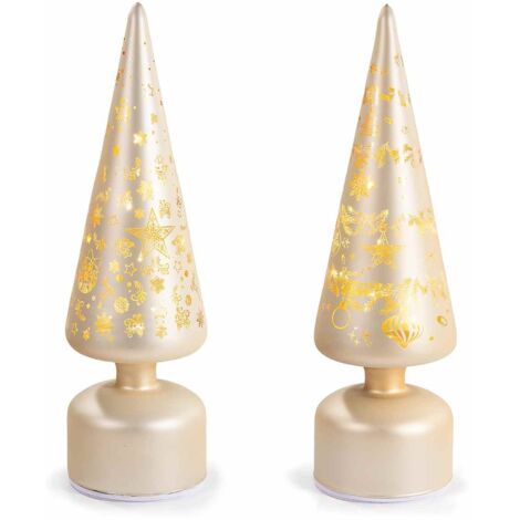 Alberi di Natale da tavolo, girevoli in vetro decorato e con luci LED - Set da 2, altezza 31 centimetri