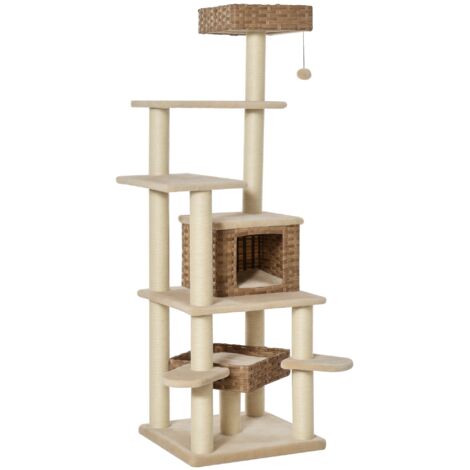 Albero da arrampicata in vimini con cuccia per gatti Albero per gatti multilivello Albero da arrampicata per gatti E1 MDF Sisal Beige + Marrone 55 x 55 x 174 cm