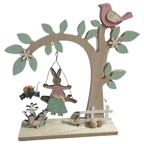 Albero di buona pasqua con tronco rami in legno e coniglio sull'altalena addobbi - colorigenerali: ROSA