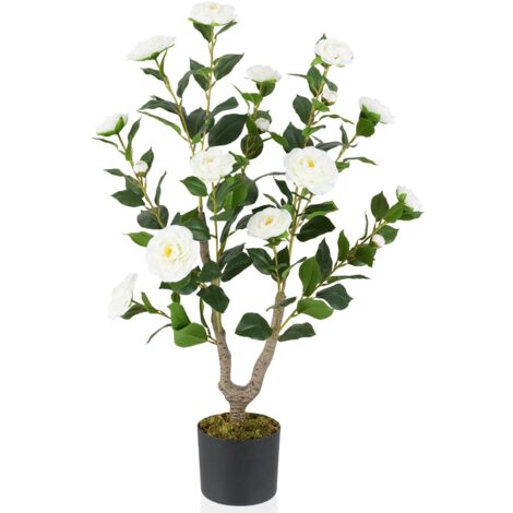 Albero di camelia artificiale 90 cm, Pianta di fiori artificiali in vaso da vivaio, Finto Albero in vaso, pianta floreale verde, bianco