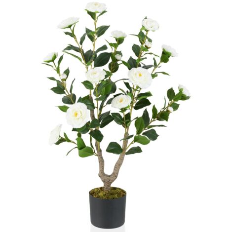 Albero di camelia artificiale 90cm con fiori in vaso da vivai Bianco e Verde