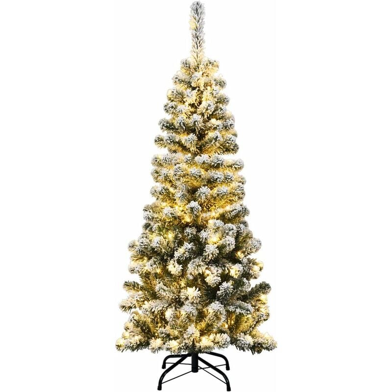 Costway - Albero di Natale Slim 135/180/225 cm, Albero di Natale Innevato con 150/250/350 Luci led, 242/500/641 Rami e Base di Metallo, Decorazione