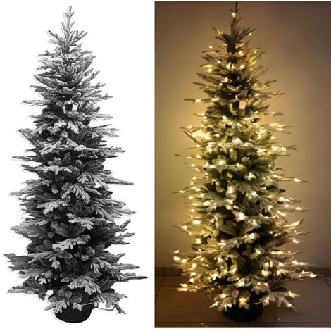 Albero di Natale Bianco Innevato alto 210 ricco di 737 punte e 350 luci led gialle bianco caldo  misto PVC e PE  Magia Natalizia elegante