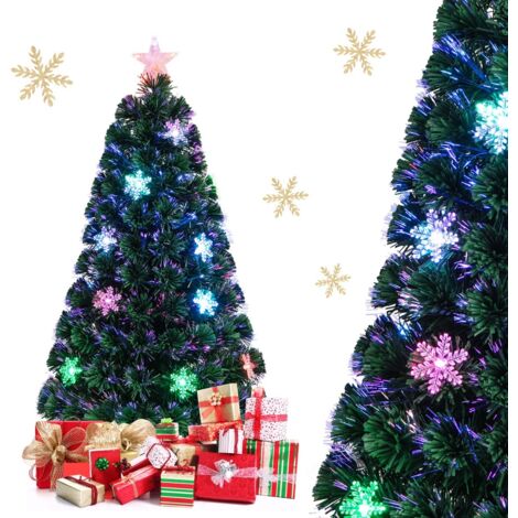 Albero di Natale con fibra ottica da 120cm, rami PVC, luci LED e fiocchi di neve