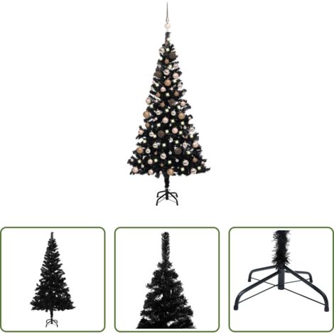 Albero di Natale con luci -  Albero di Natale Preilluminato con Palline Nero 180 cm PVC