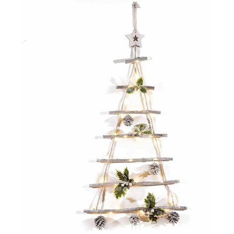 Albero di Natale da Parete Luminoso Addobbato da Appendere Ghirlanda Artigianale Natalizia a Forma di Albero Stilizzato in Legno Altezza 74 Cm