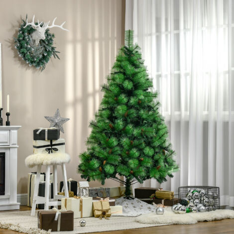 Albero di Natale Decorato e Ignifugo per Interni con 782 Rami, Pigne e Base in Metallo, in PE e PVC, Φ116x180 cm, Verde