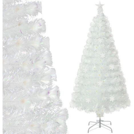 Albero di Natale fibra ottica 210cm, foglie iridescenti, stella e luci LED bianchi