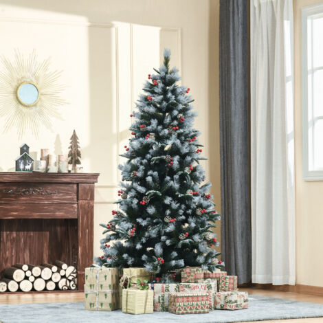 Albero di Natale Innevato 180cm con Bacche Rosse e Pigne Bianche, Base Rimovibile Pieghevole, 678 Rami, Verde