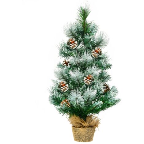 Albero di Natale innevato 60cm, artificiale con base stabile in cemento e lino