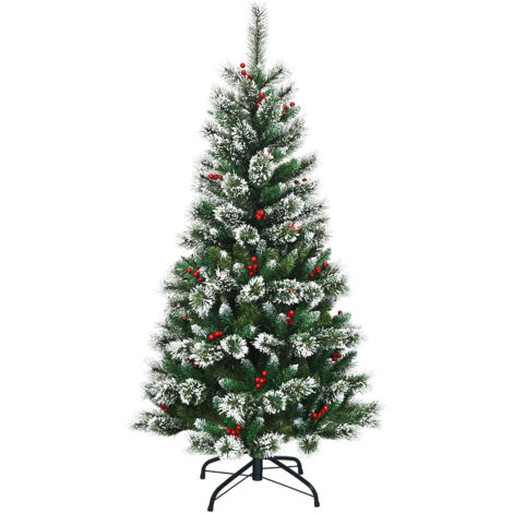 Albero di Natale innevato con bacche rosse, non illuminato e base metallica resistente