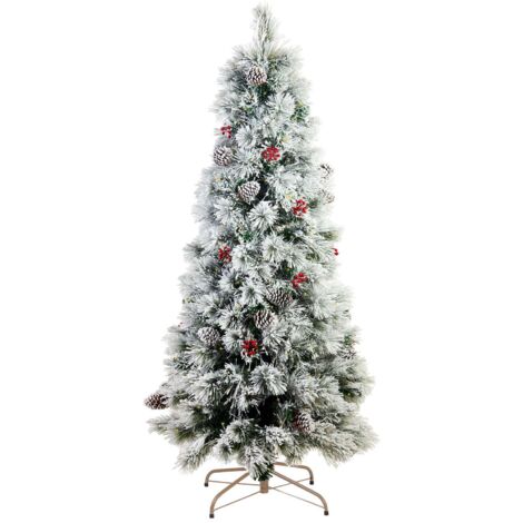 Albero di natale innevato "Snow" con LED, bacche e pigne in PP Effetto aggi di pino + Flock -210 cm