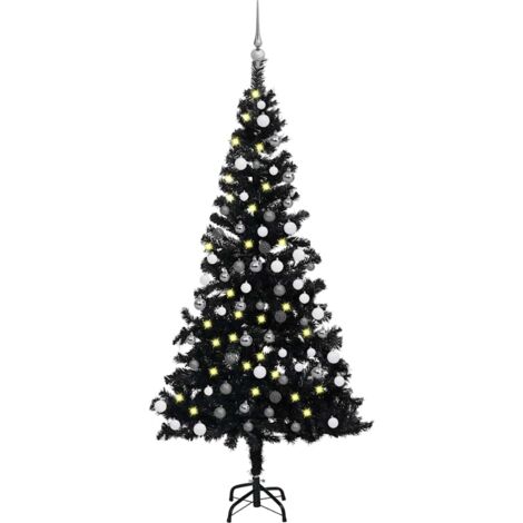 Albero di Natale Preilluminato con Palline Nero 180 cm PVC vidaXL