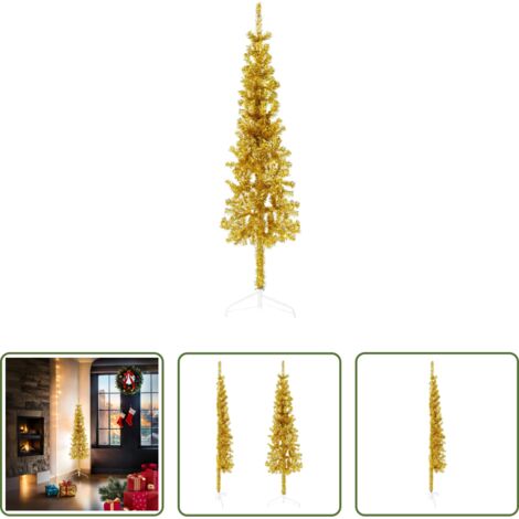 Albero di Natale sottile -  Albero Natale Artificiale Sottile a Metà con Supporto Oro 150cm
