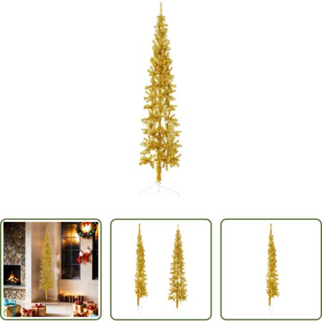 Albero di Natale Sottile -  Albero Natale Artificiale Sottile a Metà con Supporto Oro 180cm