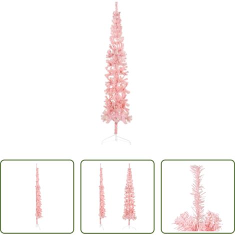 Albero di Natale Sottile -  Albero Natale Artificiale Sottile a Metà e Supporto Rosa 210 cm