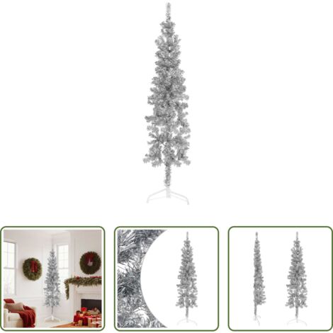 Albero di Natale Sottile -  Albero Natale Artificiale Sottile a Metà Supporto Argento 180cm
