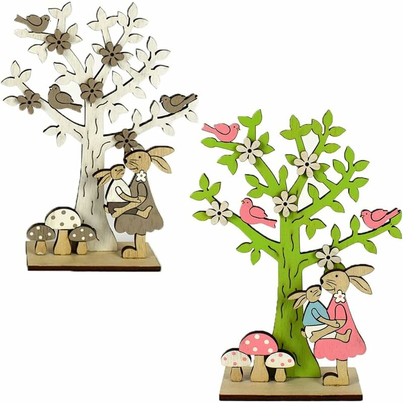 Image of Albero di Pasqua Set 2 con Coniglio Colombe Fiori addobbi pasquali in Legno casa per Decorazioni vetrina Negozio centrotavola