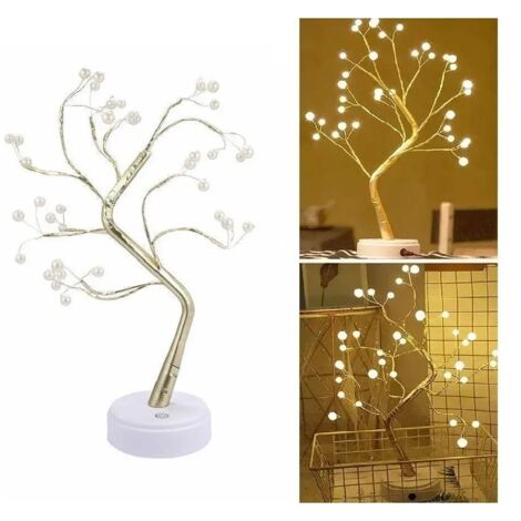 ALBERO LED 50 CM CON PERLE - LAMPADA DECORATIVA DORATA, ALIMENTATA A BATTERIA O USB
