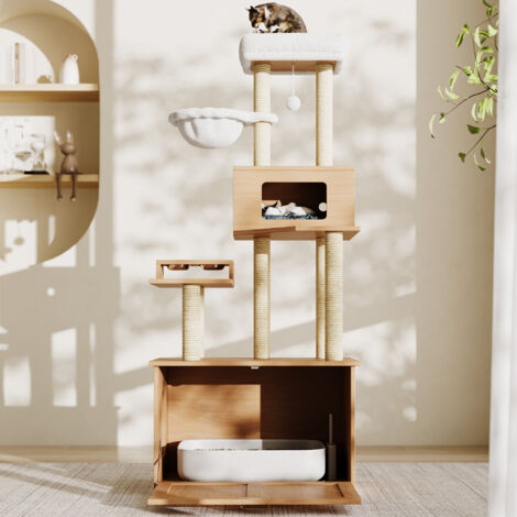 Albero per gatti 74x47x172cm torre osservazione cuscino superiore sicurezza contro ribaltamento MDF e peluche legno naturale