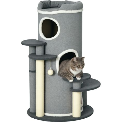 Albero per gatti a forma di botte con pali in sisal per tirare su, cuccia per gatti, piattaforme, palla sospesa, grigio, grigio