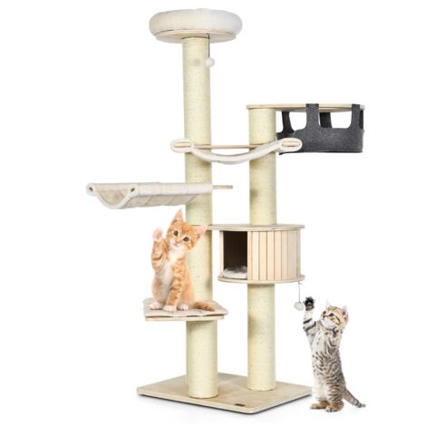Albero per gatti alto 197cm con nicchia in legno amache e cestello sospeso Torre per gatti a più livelli Beig