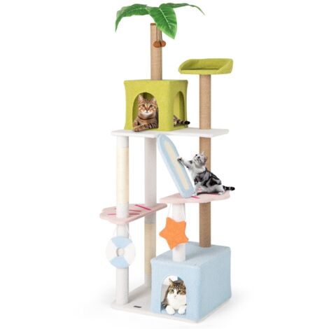 Albero per gatti alto torre a più livelli a tema spiaggia per gatti, Albero per gatti alto 180 cm Verde+Blu+Bianco