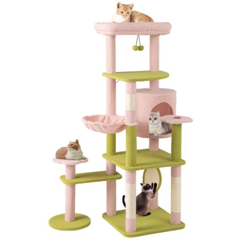 Albero per gatti alto torre a più livelli con piattaforma superiore imbottita, Albero per gatti e pannello Rosa+Verde