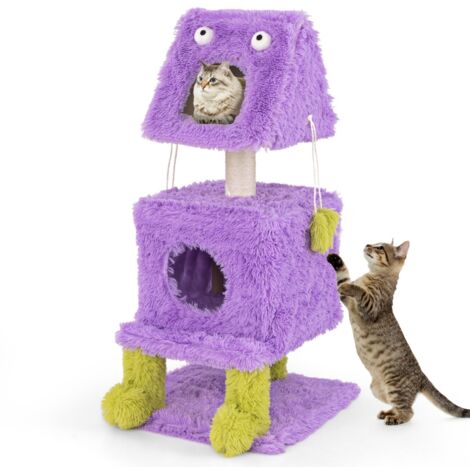 Albero per gatti con 2 nidi privati palo per graffio in sisal giocattoli pendenti, Torre di gatti a tema mostro carina Viola