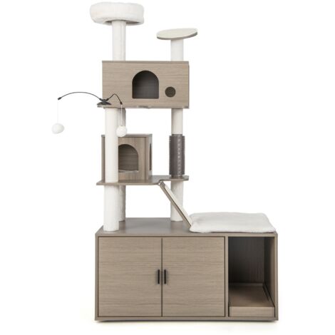 Albero per gatti con mobile nascondi lettiera, Torre per gatti 2-in-1 con doppie cucce piattaforma superiore Grigio