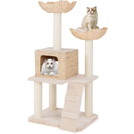 Albero per gatti con posti per graffiare in sisal trespolo condo letto scala cuscini lavabili, Torre cattail da 122cm Beige