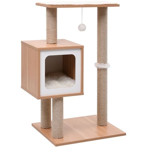 Fudajo Casetta gioco per gatti Design in legno marrone con cuscini e tappetino  tiragraffi in sisal