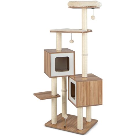 Albero per gatti con tira graffi in sisal cuscini lavabili 3 palline 2 contenitori, Torre in legno 163cm Naturale