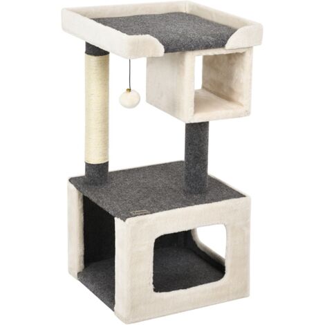 Albero per gatti con tiragraffi e pallina felpata, Centro attività interno per gattini per giocare Beige e grigio
