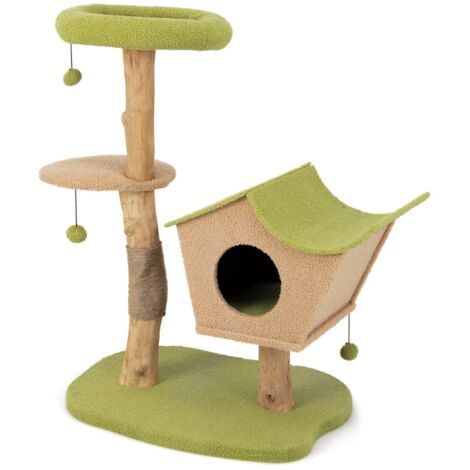 Albero per gatti da 110cm con cuccia imbottita tiragraffi piattaforma di salto, Torre per gatti in legno Verde