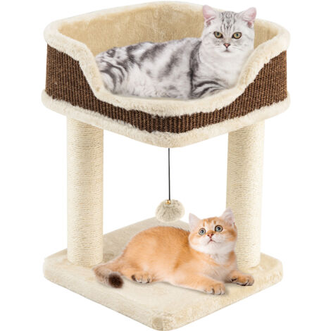 Albero per gatti da interno con palla pendente, Torretta per gatti con posatoio in peluche e pali graffianti in sisal Beige