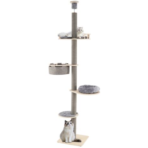 Albero per gatti da pavimento a soffitto con altezza regolabile 236-271 cm amaca, Torre in legno a 5 livelli con ripiano Grigio