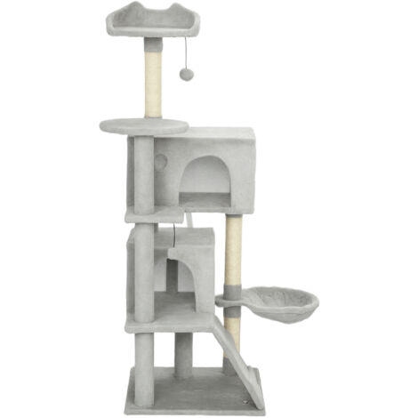 Albero per gatti haut 140 cm avec 2 niches, hamac, lit et poteaux en sisal, gris