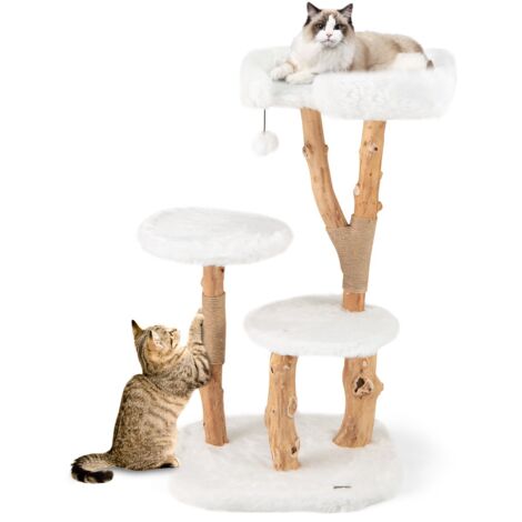 Albero per gatti in legno alto 110cm con piattaforma pali in corda di juta, Torre per gatti in peluche lunga Bianco