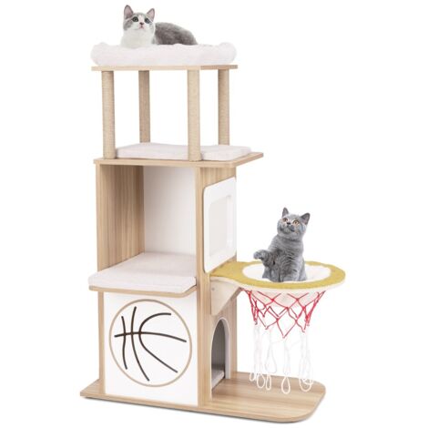 Albero per gatti in legno con 2 posatoi amaca posti per graffiare in sisal, Torre per gatti a tema sportivo di 120cm Naturale