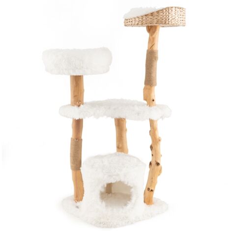 Albero per gatti in legno massello alto 124cm, Albero tiragraffi da interno con pali di corda di juta Bianco