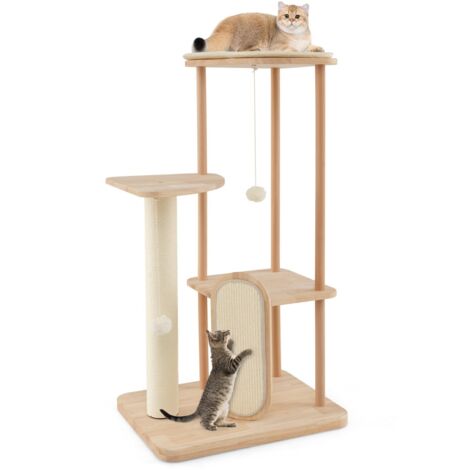 Albero per gatti in legno multilivello con tavola e palo tiragraffi in sisal, Centro di attività per gatti moderno