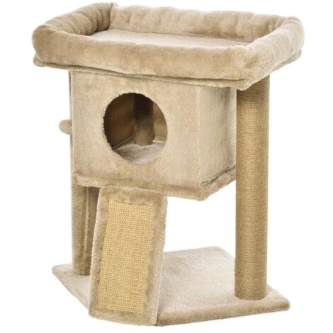 ALBERO PER GATTI IN PELUCHE CON CASETTA PER GATTI E LETTINO. TIRAGRAFFI IN JUTA E PALLINA. MARRONE