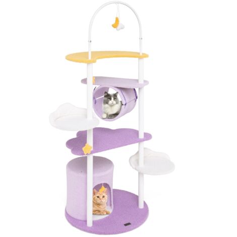 Albero per gatti multi-livello carino con struttura in metallo trespolo superiore, Torre per gatti alta 158cm Viola