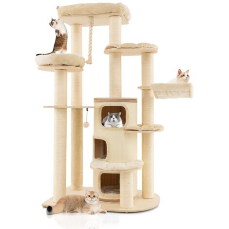 Albero per gatti multi-livello con nicchia a 3 piani 2 cucce tiragraffi, Torre per gatti in legno da interno Beige