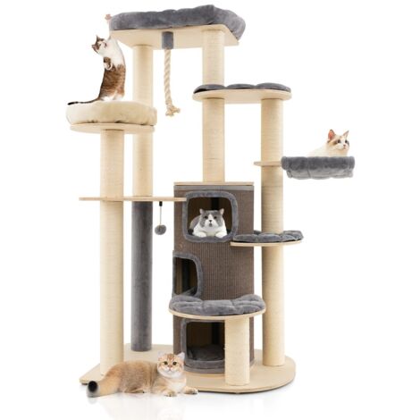 Albero per gatti multi-livello con nicchia a 3 piani 2 cucce tiragraffi, Torre per gatti in legno da interno Grigio